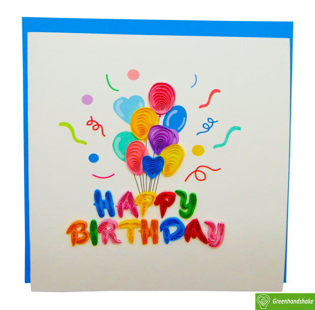 Happy Birthday Balloons, Quilling Greeting Card - Unique Dedicated Handmade/Heartmade Art. Design Greeting Card for all occasion by GREENHANDSHAKE