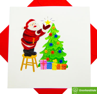 Santa Claus Decorating a Christmas Tree, Quilling Greeting Card - Unique Dedicated Handmade/Heartmade Art. Design Greeting Card for all occasion