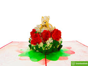 Flower bouquet with Teddy Bear, Pop Up Card, 3D Popup Greeting Cards - Unique Dedicated Handmade/Heartmade Art. Design Greeting Card for all occasion