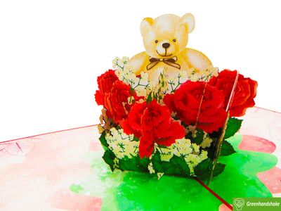 Flower bouquet with Teddy Bear, Pop Up Card, 3D Popup Greeting Cards - Unique Dedicated Handmade/Heartmade Art. Design Greeting Card for all occasion