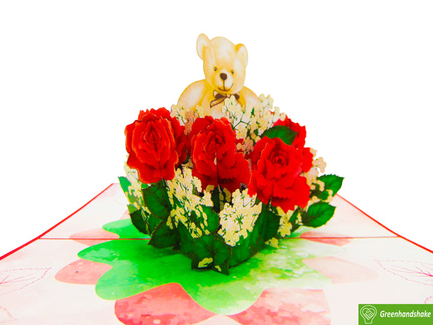 Flower bouquet with Teddy Bear, Pop Up Card, 3D Popup Greeting Cards - Unique Dedicated Handmade/Heartmade Art. Design Greeting Card for all occasion