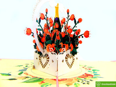 Cheers! Champagne and Flower Basket 3D Popup Greeting Cards - Unique Dedicated Handmade/Heartmade Art. Design Greeting Card for all occasion