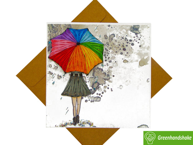Girl with rainbow umbrella Quilling Greeting Card Unique