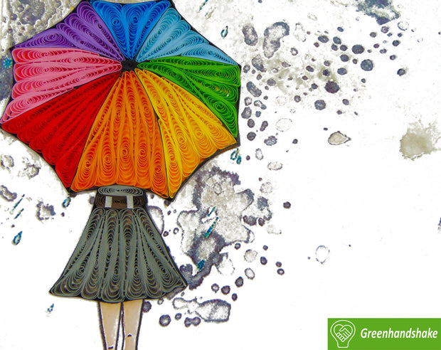 Girl with rainbow umbrella Quilling Greeting Card - Unique Dedicated Handmade Art. Design Greeting Card for all occasion by GREENHANDSHAKE