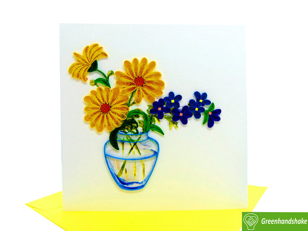 Yellow daisies and violets in a vase Quilling Greeting Card - Unique Dedicated Handmade/Heartmade Art. Design Greeting Card for all occasion