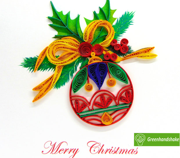Merry Christmas Holly & Bow Ornament - Unique Dedicated Handmade/Heartmade Art. Design Greeting Card for all occasion