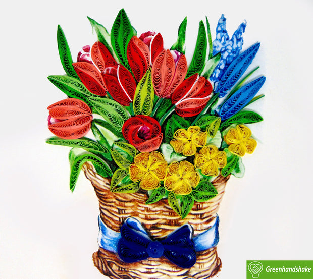 Mixed Flower basket, Quilling Greeting Card - Unique Dedicated Handmade/Heartmade Art. Design Greeting Card for all occasion