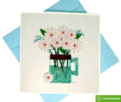 White Daisy Flower In Cup, Quilling Greeting Card - Unique Dedicated Handmade/Heartmade Art. Design Greeting Card for all occasion