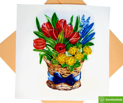 Mixed Flower basket, Quilling Greeting Card - Unique Dedicated Handmade/Heartmade Art. Design Greeting Card for all occasion