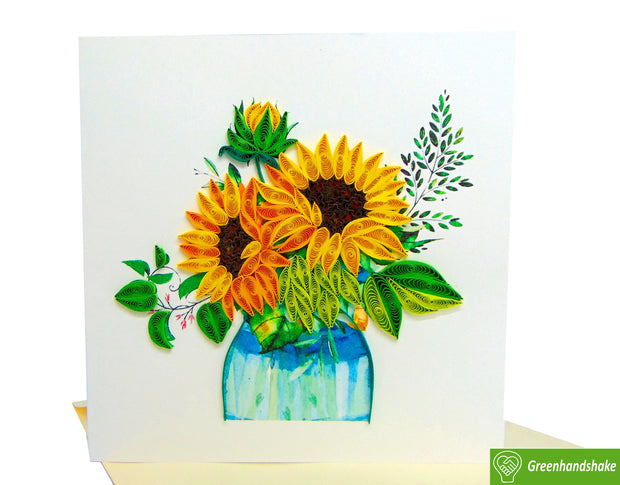 Sunflowers Arrangement in Vase, Quilling Greeting Card - Unique Dedicated Handmade/Heartmade Art. Design Greeting Card for all occasion
