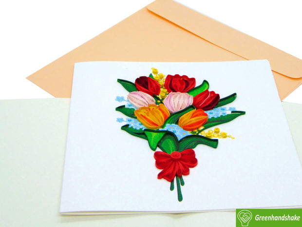 Tulip Bouquet Quilling Greeting Card - Unique Dedicated Handmade/Heartmade Art. Design Greeting Card for all occasion by GREENHANDSHAKE