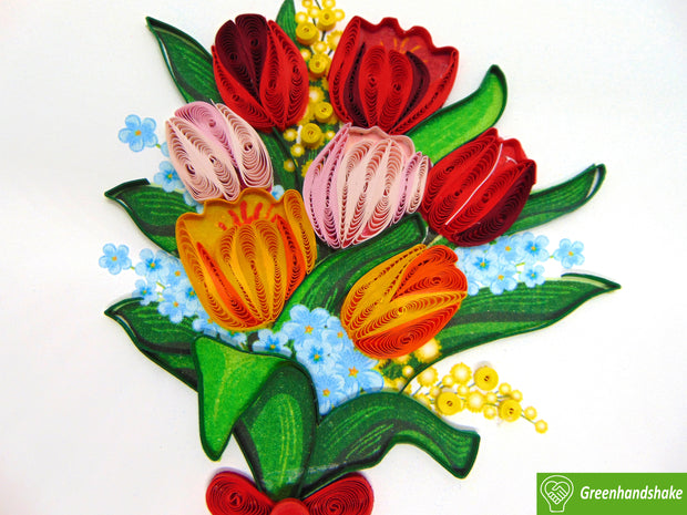 Tulip Bouquet Quilling Greeting Card - Unique Dedicated Handmade/Heartmade Art. Design Greeting Card for all occasion by GREENHANDSHAKE